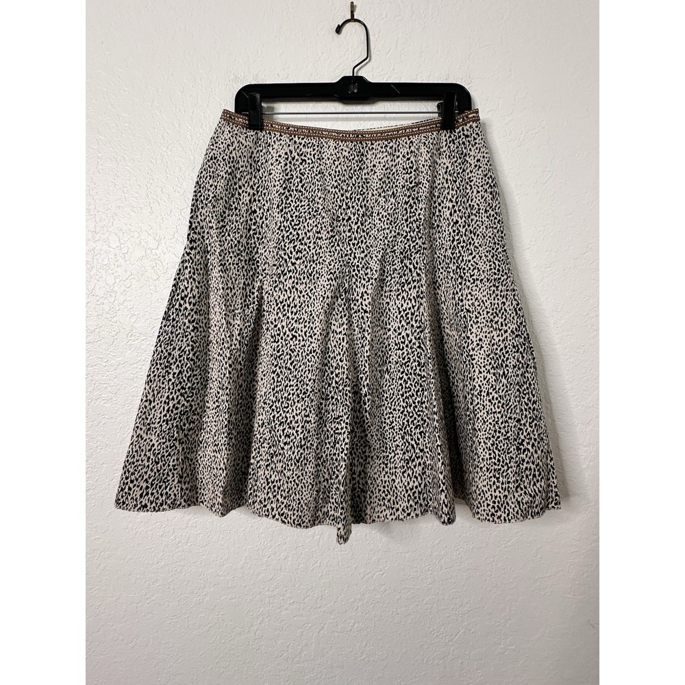 Lapis Leopard Animal Print Flare Lined High Rise Stretch Skirt Linen Blend